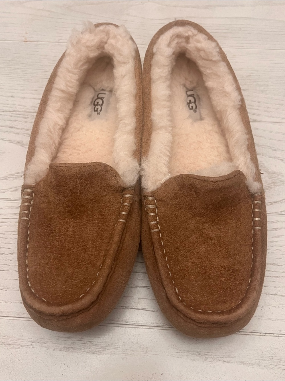 UGG Chestnut Suede Shearling-Lined Moccasin Slippers - Size 8